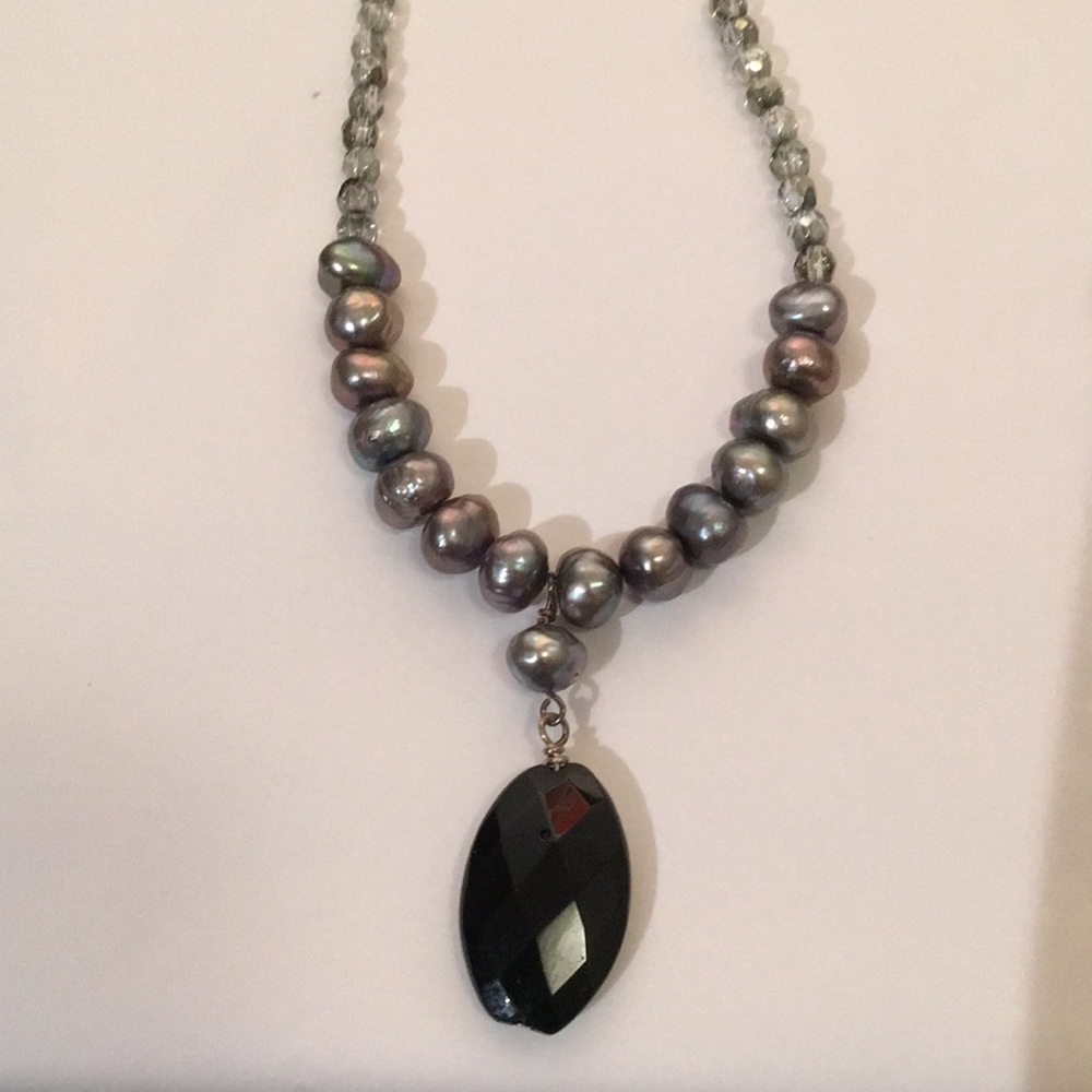 Faceted Onyx pearl crystal and silver necklace